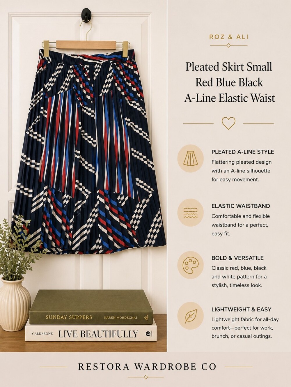 Roz & Ali Pleated Skirt Small Red Blue Black A-Line Elastic Waist
